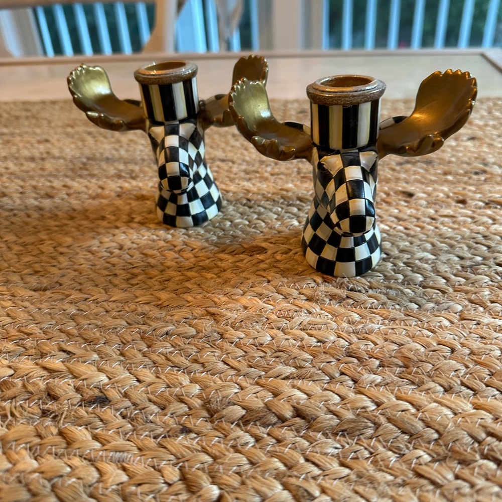 MacKenzie-Childs Black and White Checkered Candle Holders with Gold Wings - Picture 10 of 11